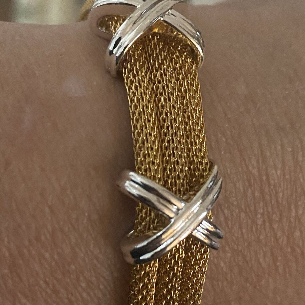 Anne Klein Vintage Golden Mesh Bracelet Polished X Stations Gold Tone NOS 7” - Picture 2 of 7
